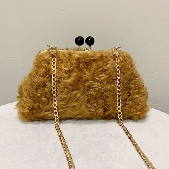 Handmade Real Curly Shearling Kisslock Clutch/Shoulder Bag/Crossbody & 2 Chains - Picture 1 of 14